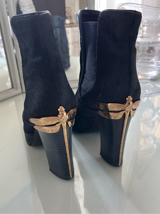 Tory Burch Shoes - Tory Burch navy Pony-Hair Ankle Boots with Gold Dragonfly Heels